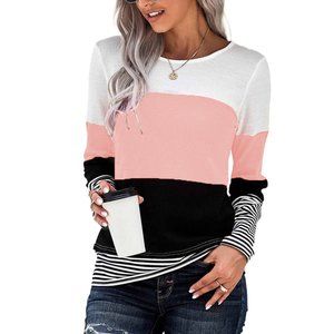 STYLISH PINK COLORBLOCK SPLICING STRIPED TOP